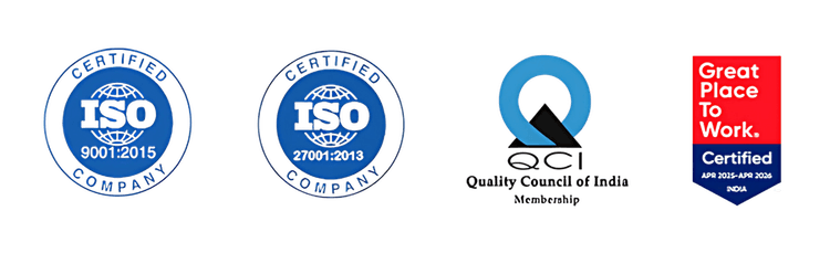 ISO 9001, ISO 27001, Great Place to Work, and QCI membership badges