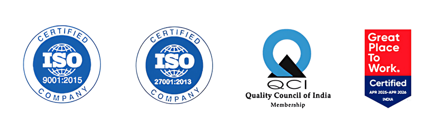 ISO 9001, ISO 27001, Great Place to Work, and QCI membership badges